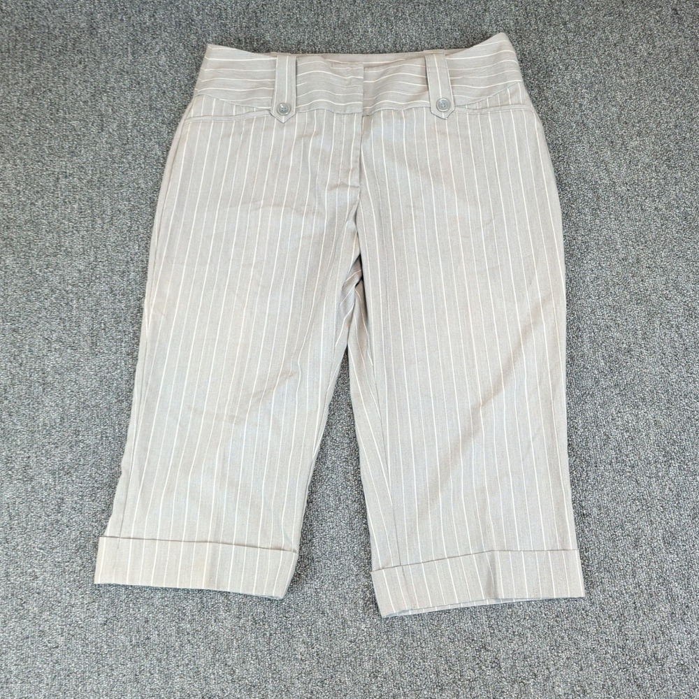 First Option Women Capri Pants Size 12 Tan Pinstripe Stretch Cropped Office Work